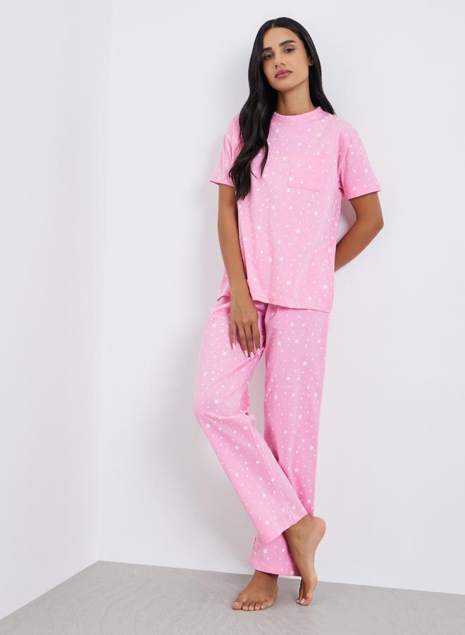 Styli Star Print Round Neck T-Shirt and Pyjama Set - Image 5
